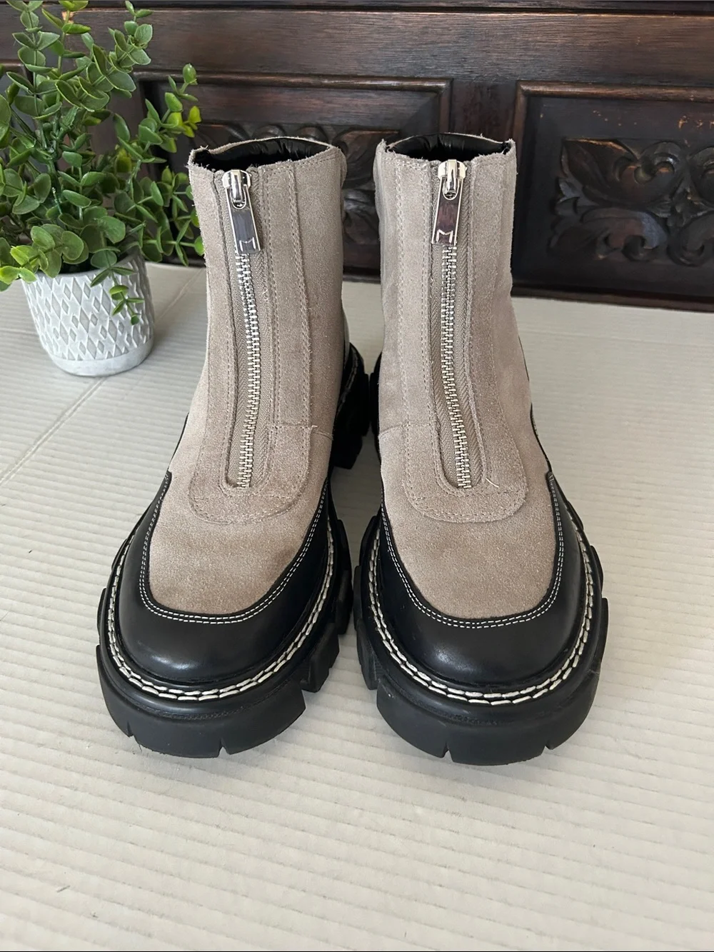 Marc Fisher Taupe Suede and Black Leather Lug-Zip Ankle Boots